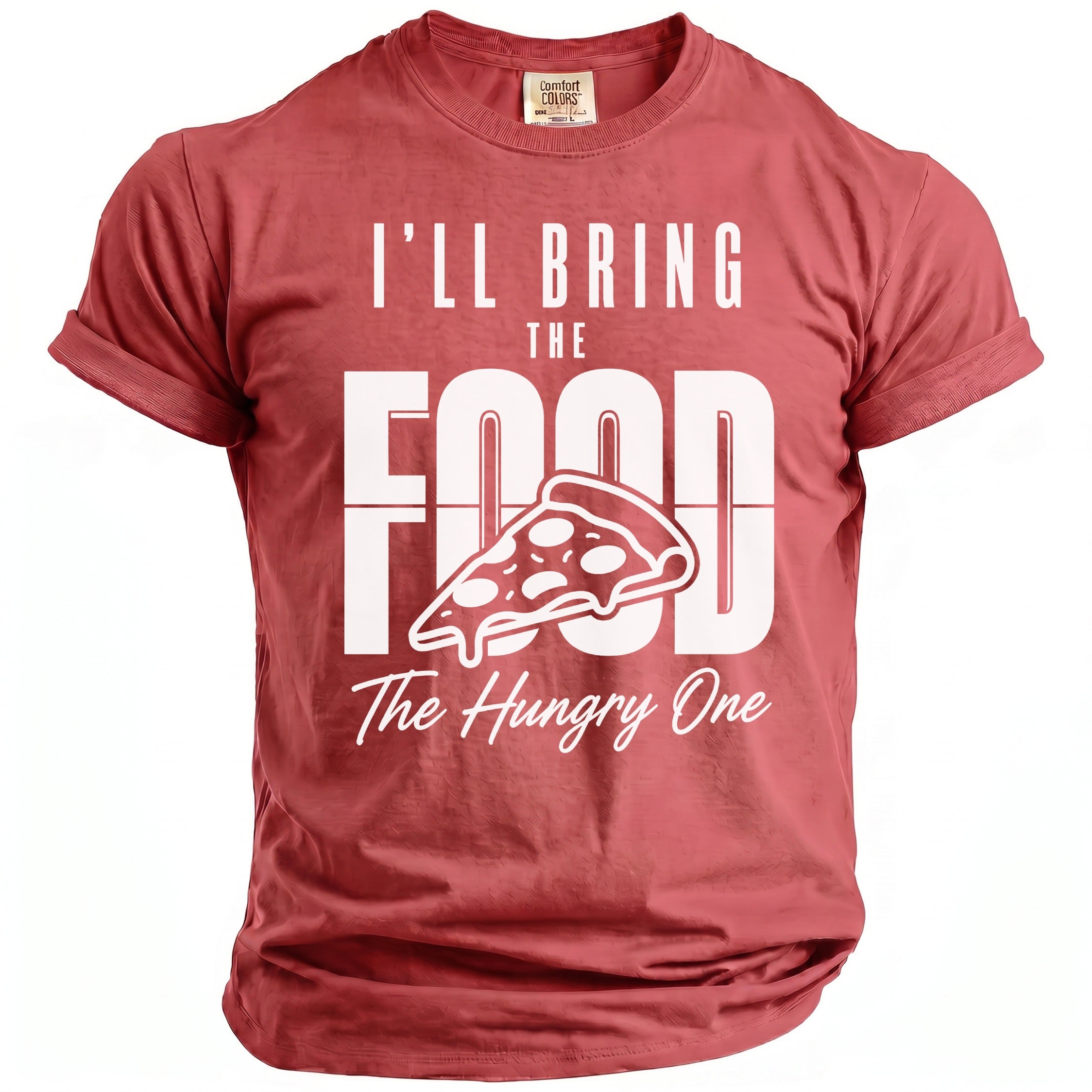Red t-shirt with "I'LL BRING THE FOOD The Hungry One" and pizza slice graphic.