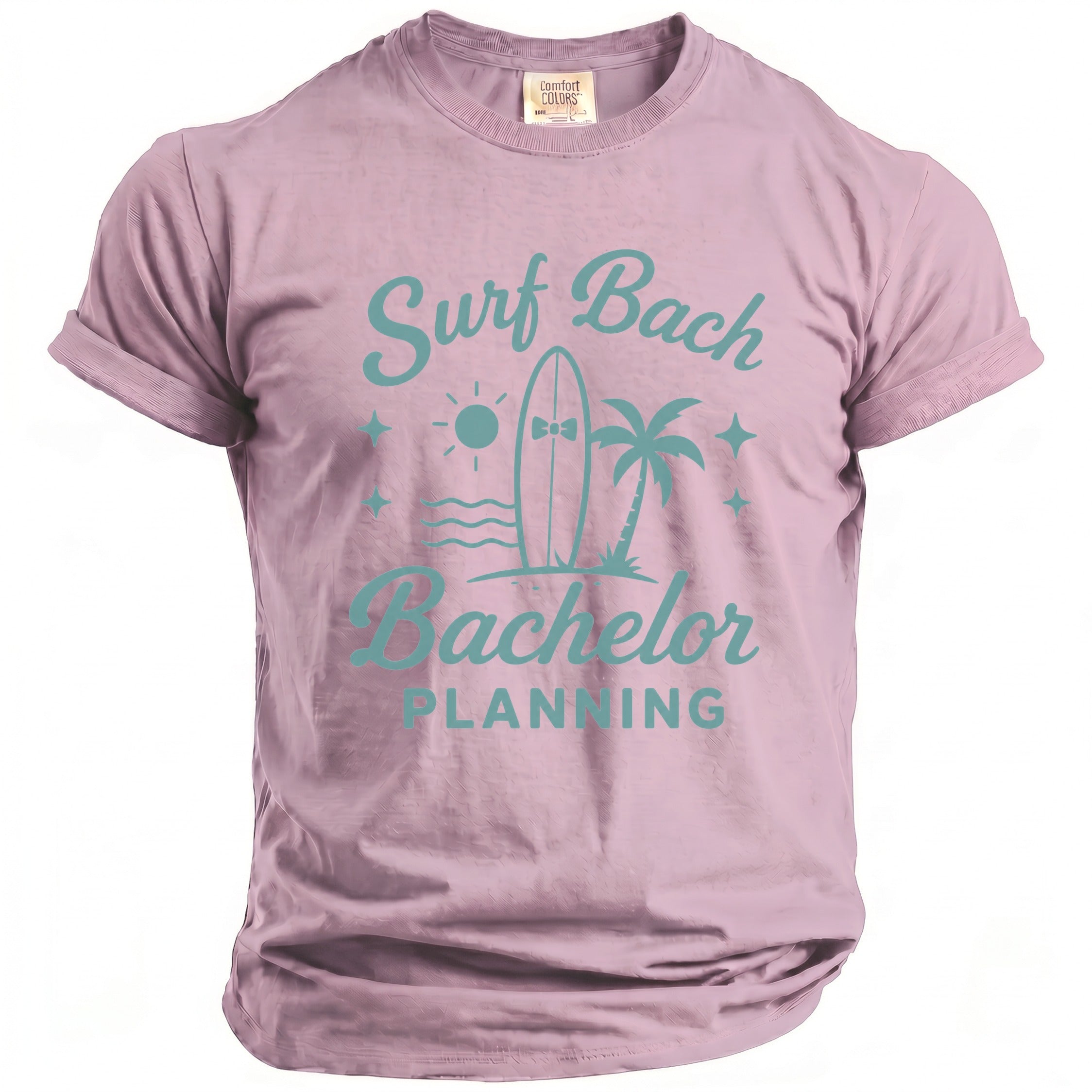 Mauve t-shirt with "Surf Bach Bachelor Planning" graphic and beach scene.