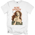 White t-shirt with artwork of woman holding drink, text "MORE APERITIF LESS OVER THINKING."