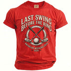 Red t-shirt with "Last Swing Before The Ring Bachelor Weekend 2026" and golf graphics.
