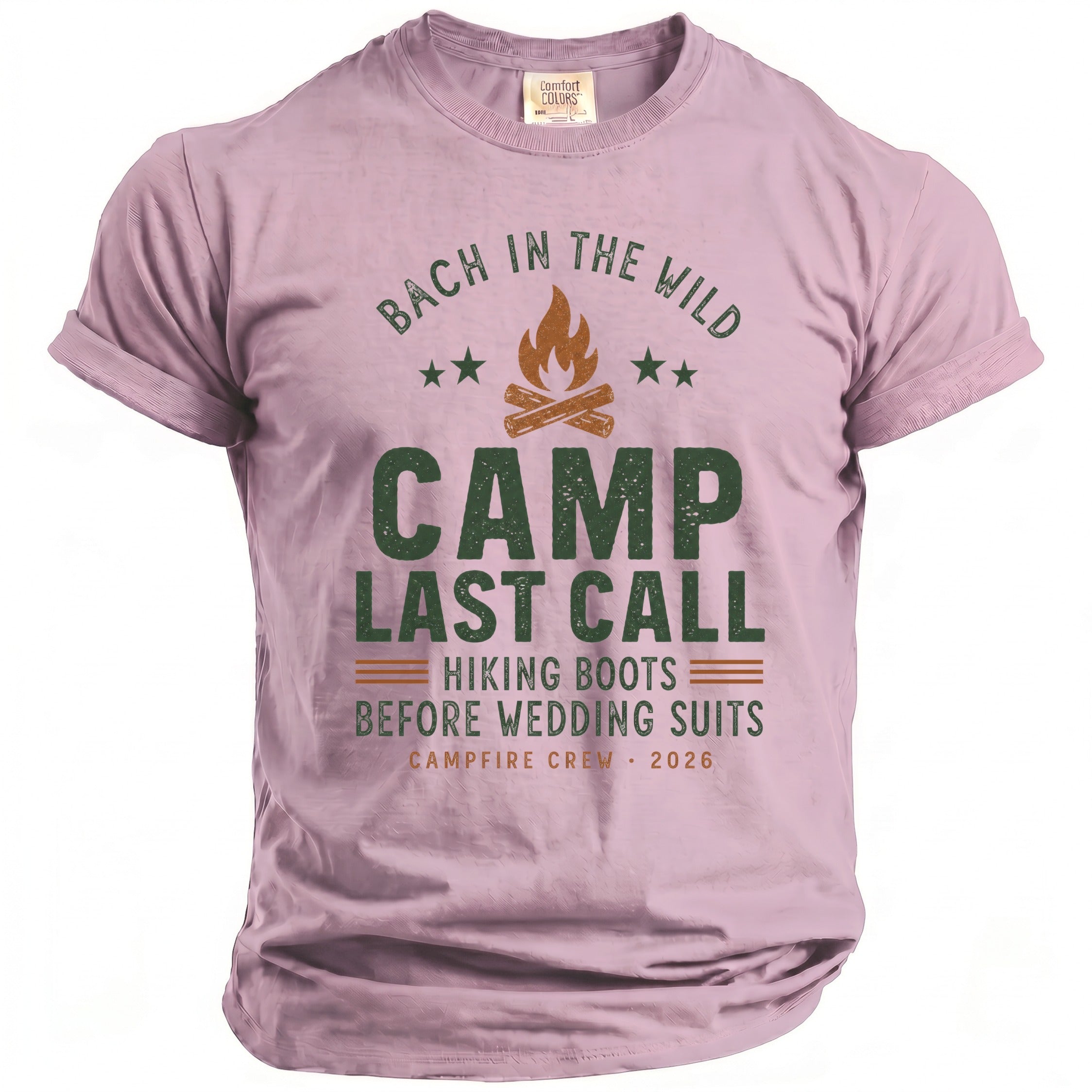 Purple t-shirt with "Bach in the Wild Camp Last Call" text and campfire graphic.