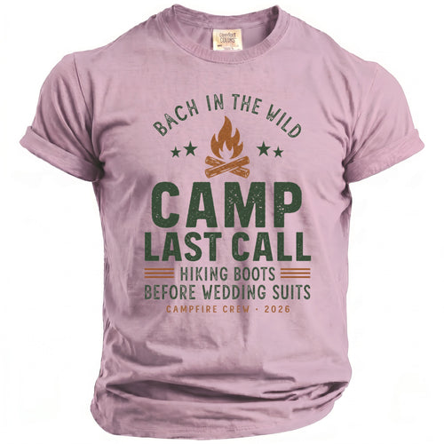 Purple t-shirt with "Bach in the Wild Camp Last Call" text and campfire graphic.