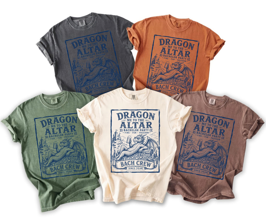 Five t-shirts in black, orange, green, cream, and brown featuring blue dragon graphic.