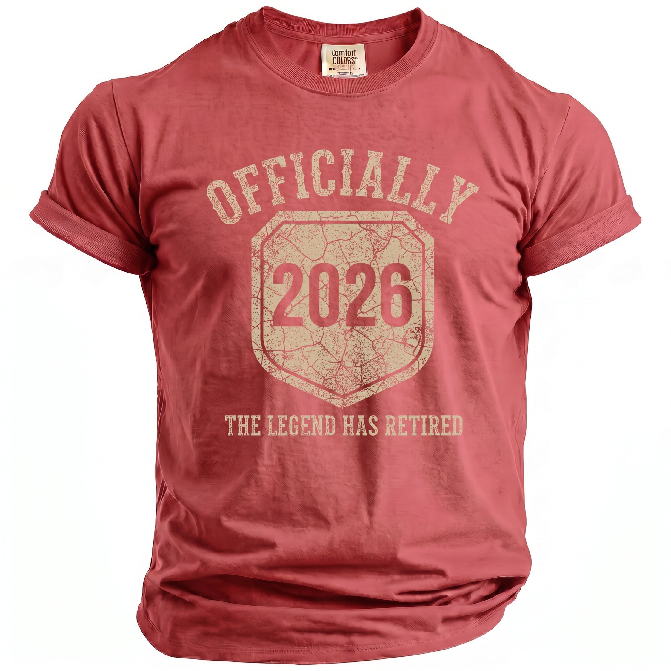 Red t-shirt with "Officially 2026 The Legend Has Retired" graphic.
