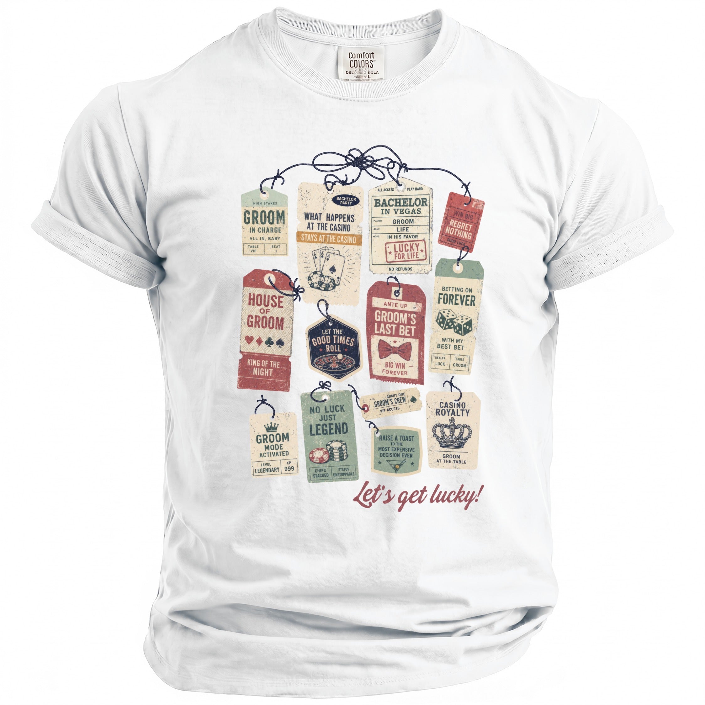 White t-shirt graphic with casino-themed tags for a "Groom" and "Bachelor Party."