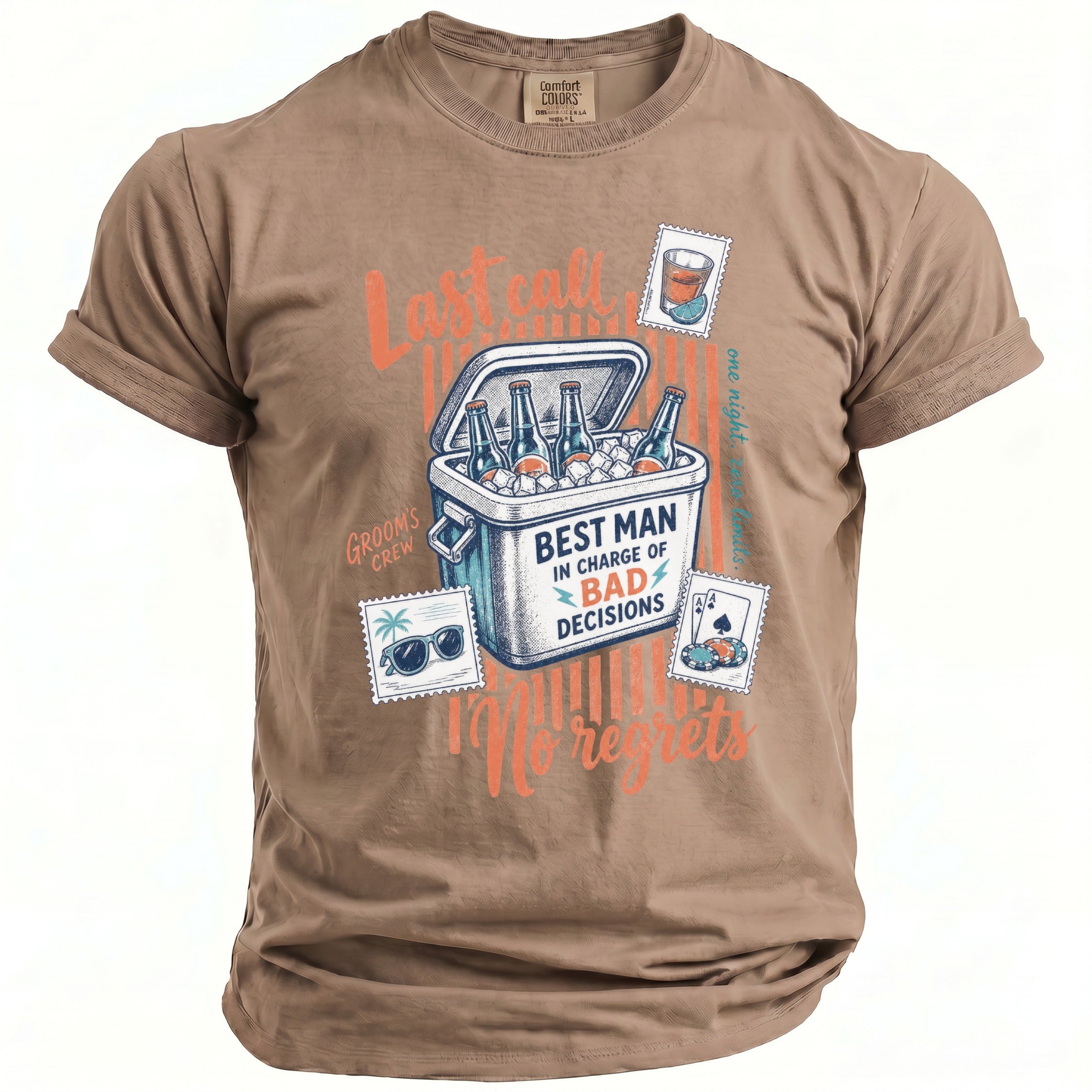T-shirt with "Best Man in Charge of Bad Decisions" and graphics.