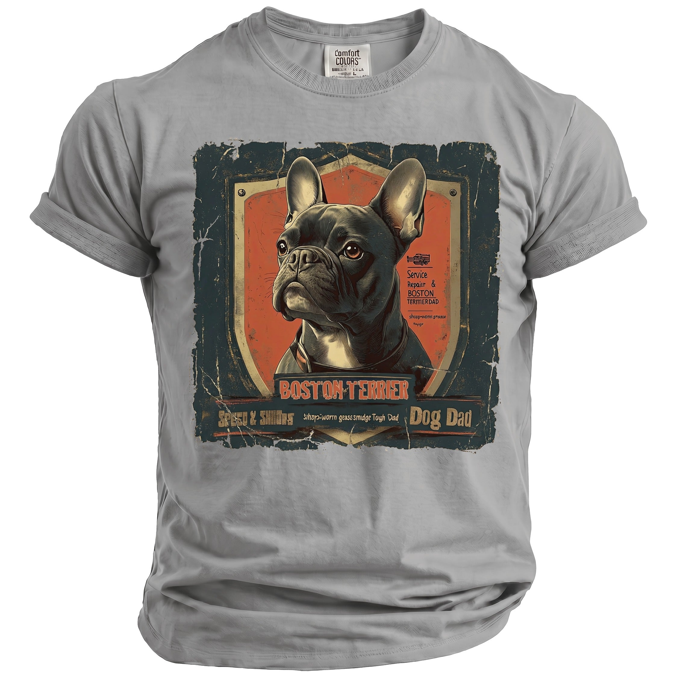 Grey t-shirt with Boston Terrier graphic, "Dog Dad" text, and distressed vintage design.