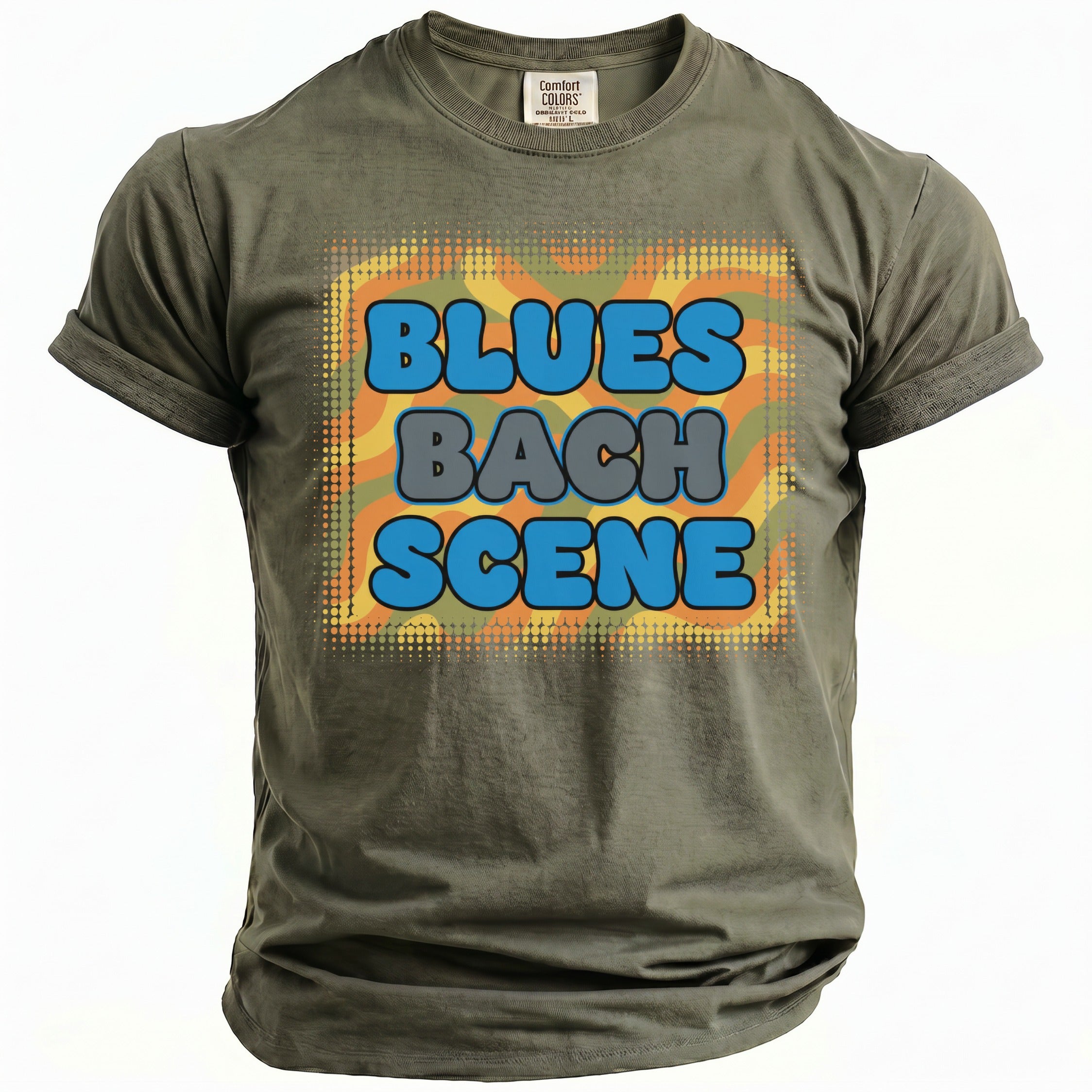 Khaki Comfort Colors t-shirt with "BLUES BACH SCENE" text and retro design.