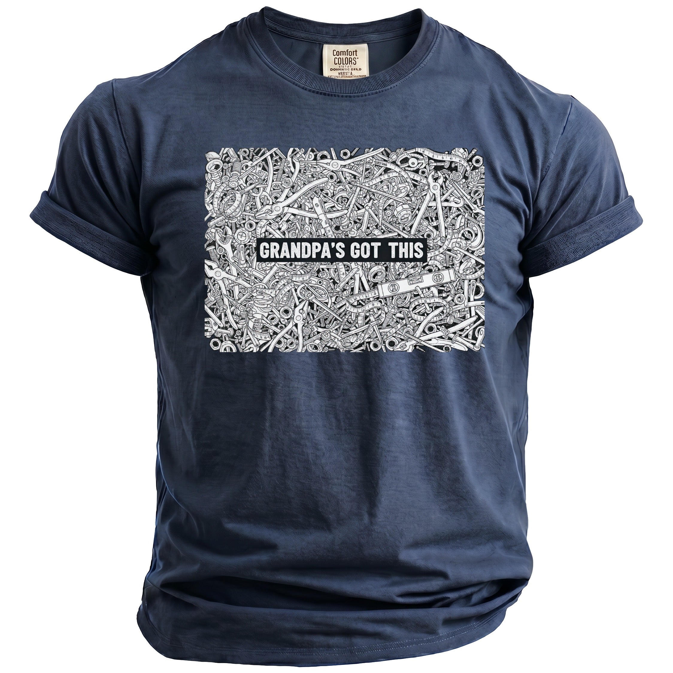 Navy t-shirt with a black and white graphic of tools and the text "GRANDPA'S GOT THIS".