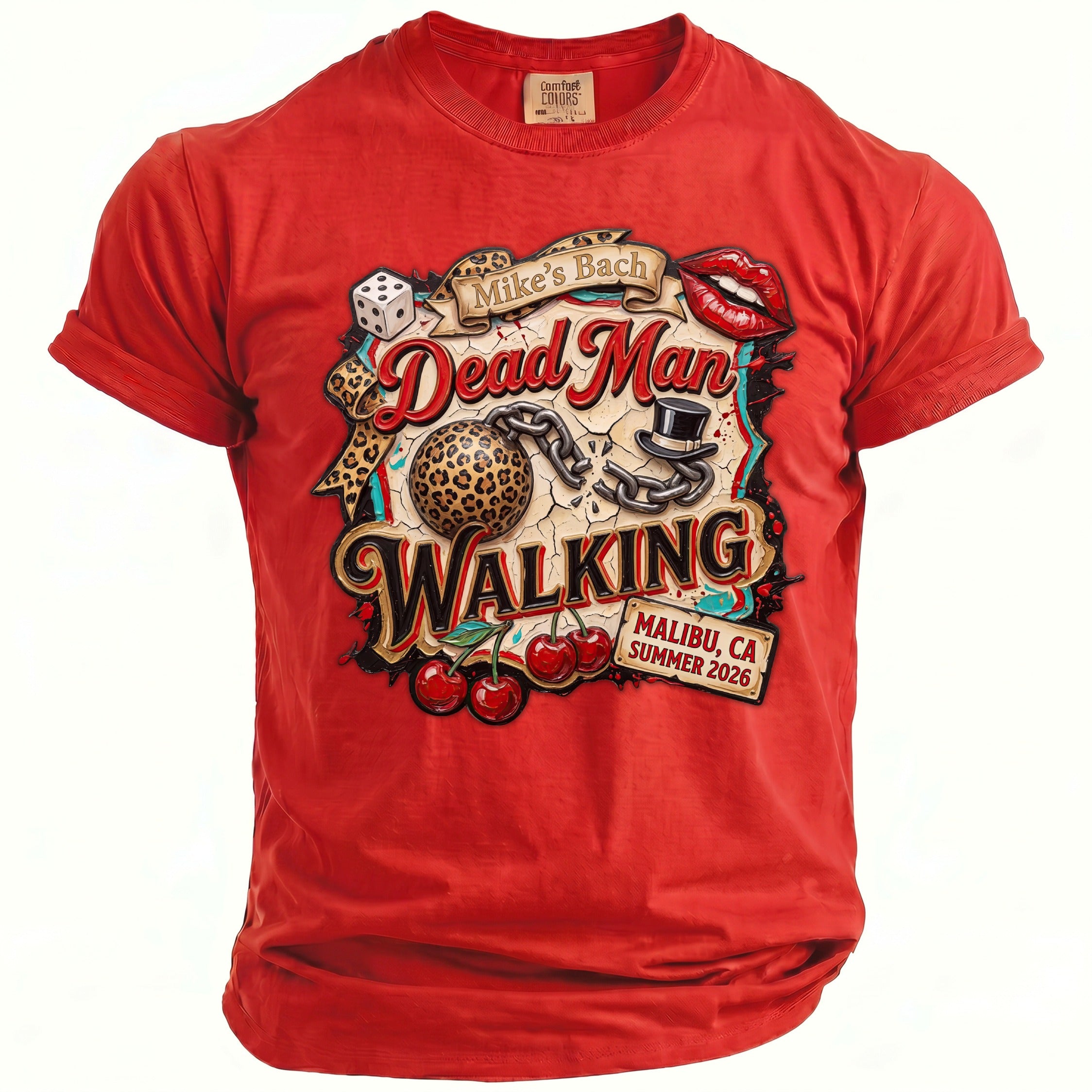 Red t-shirt with "Mike's Bach Dead Man Walking" graphic, Malibu, CA Summer 2026.