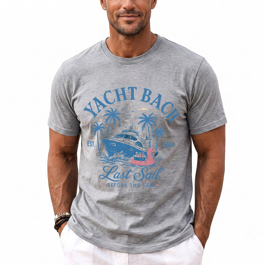Grey t-shirt with blue graphic of a yacht, palm trees, and text: Yacht Bach Est. 2024 Last Sail Before The Veil.