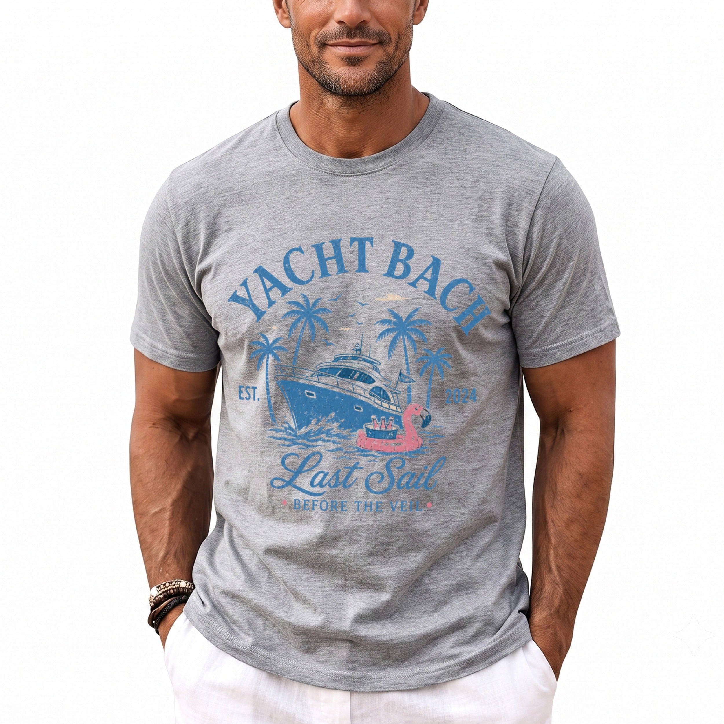 Grey t-shirt with blue graphic of a yacht, palm trees, and text: Yacht Bach Est. 2024 Last Sail Before The Veil.