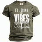 Olive green t-shirt with white text "I'LL BRING THE VIBES" and a microphone.