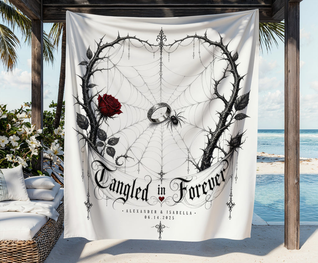 White tapestry with "Tangled in Forever" text, a rose, and spiderweb design.