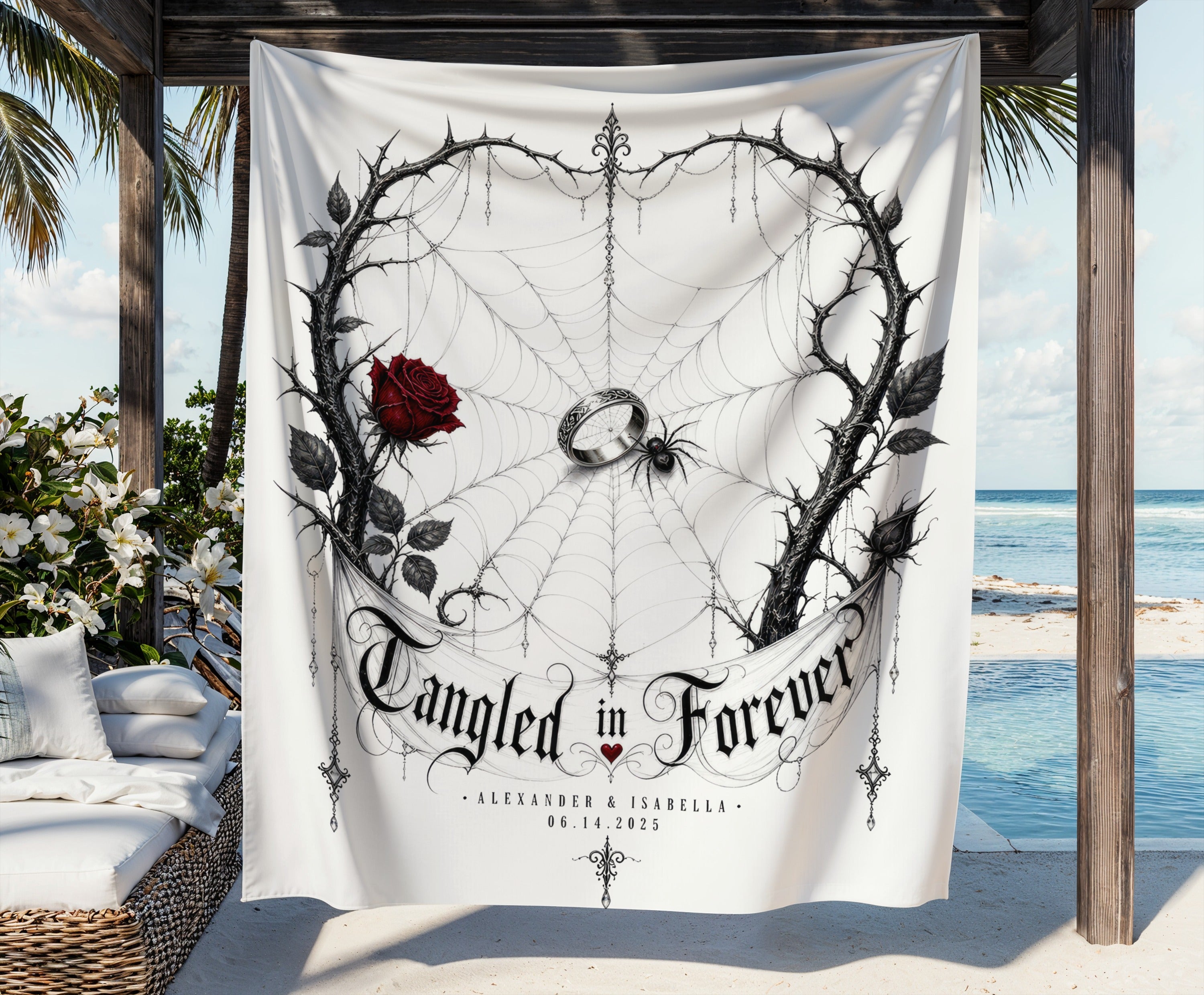 White tapestry with "Tangled in Forever" text, a rose, and spiderweb design.