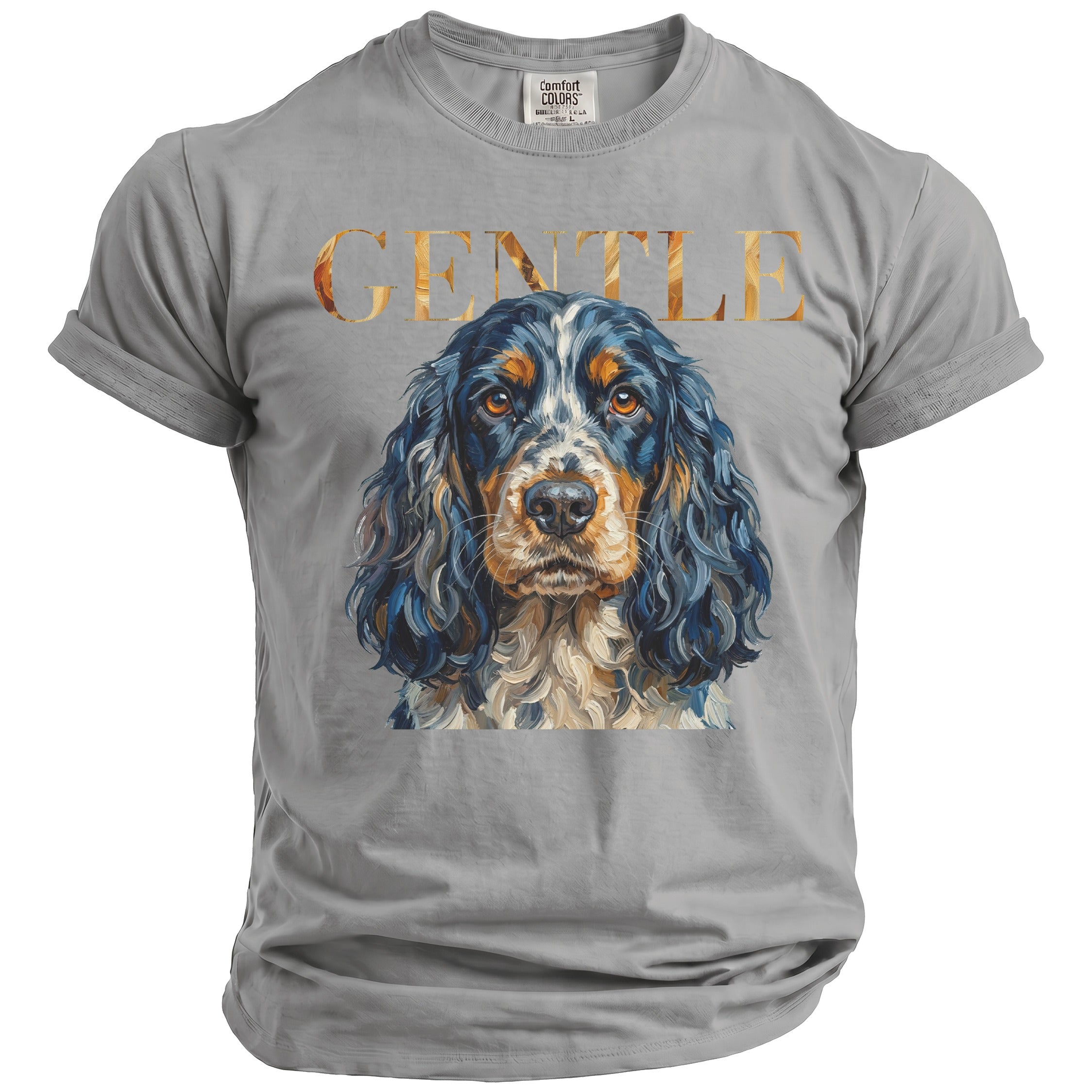 Gray t-shirt with "GENTLE" text and a painting of a dog's face.