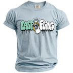 Light blue t-shirt with "LAST FLING" text, engagement ring, and cartoon character graphic.