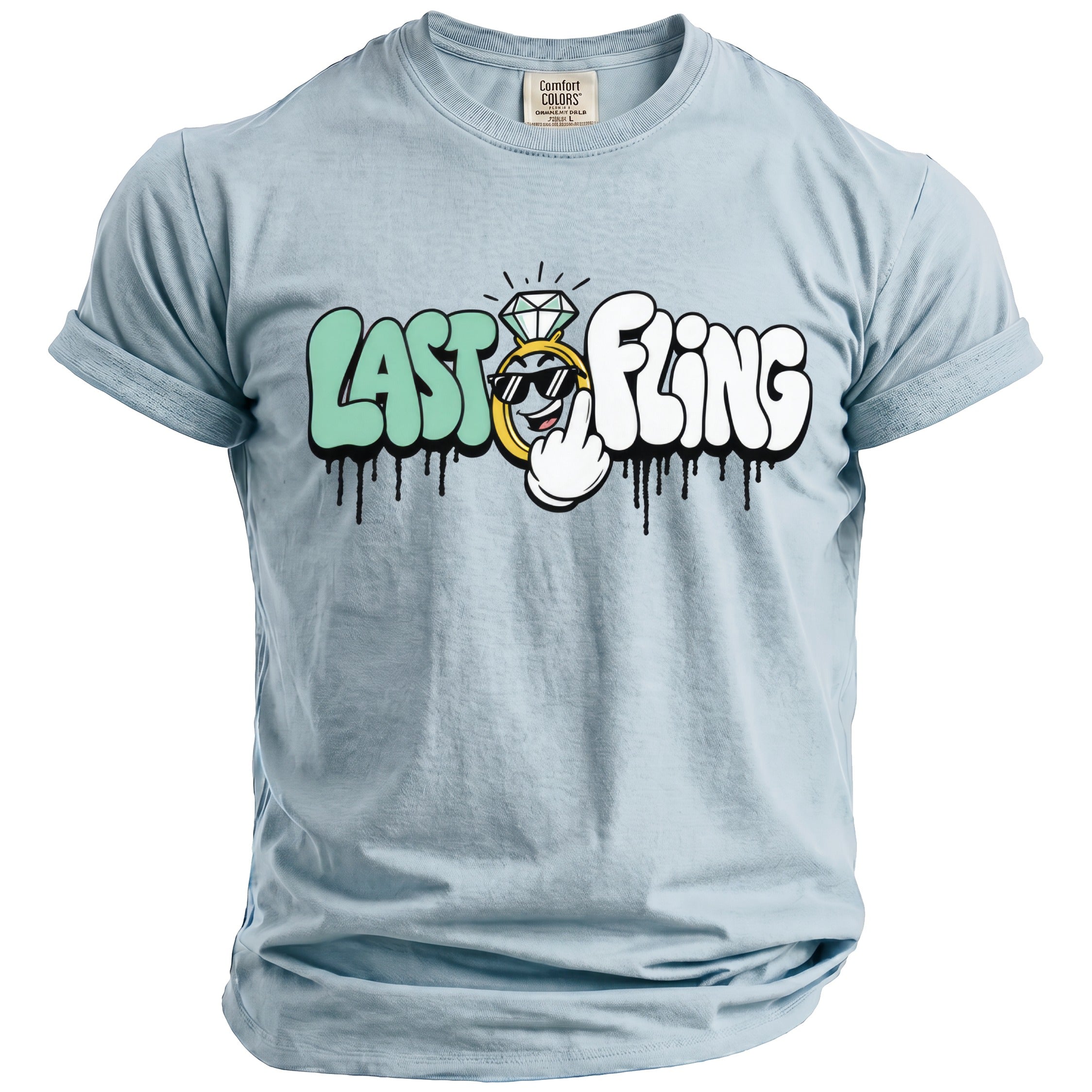 Light blue t-shirt with "LAST FLING" text, engagement ring, and cartoon character graphic.