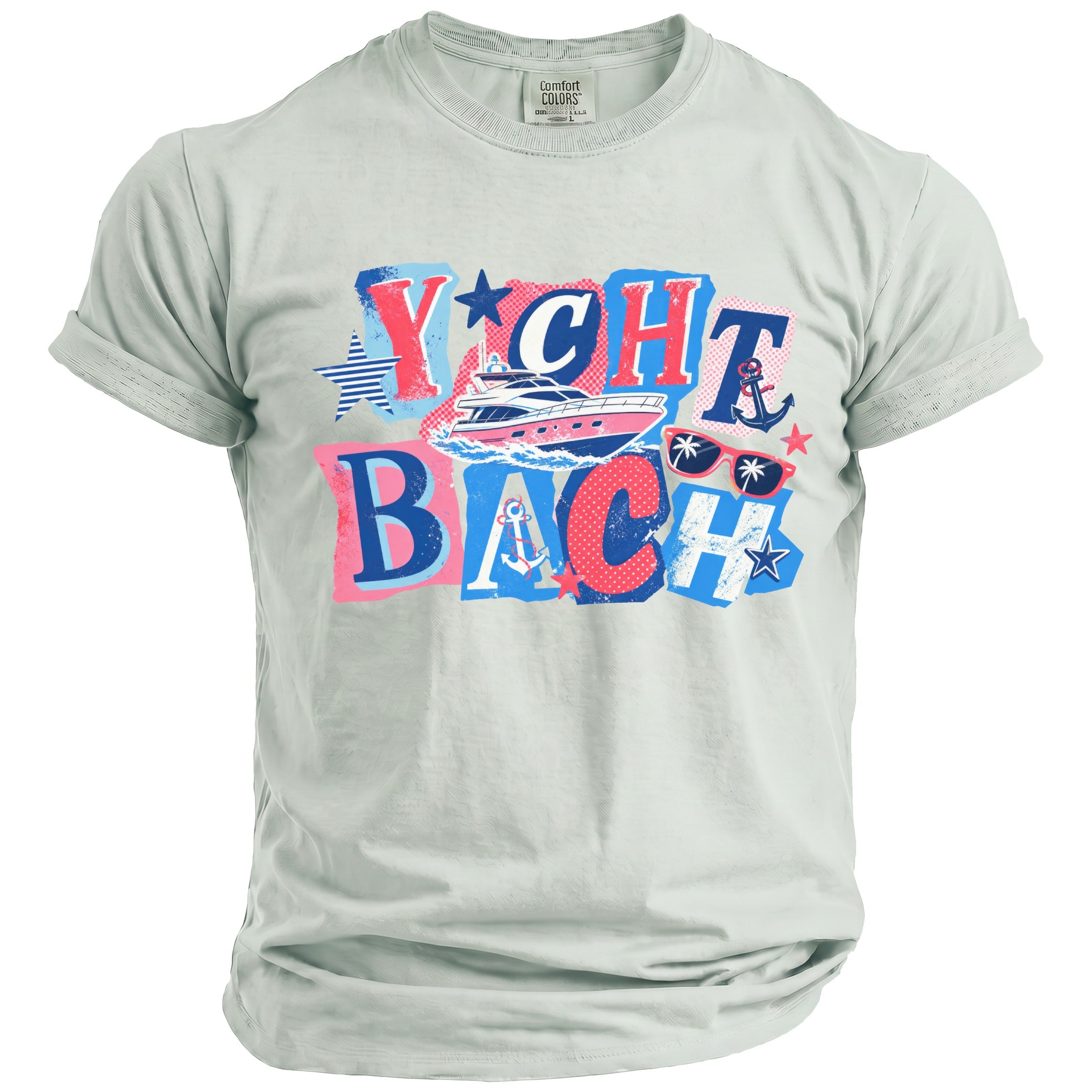 Light gray crewneck t-shirt with a colorful YACHT BACH graphic featuring a boat, anchors, and sunglasses.