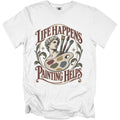 White t-shirt with "Life Happens Painting Helps" text and artist's palette graphic.