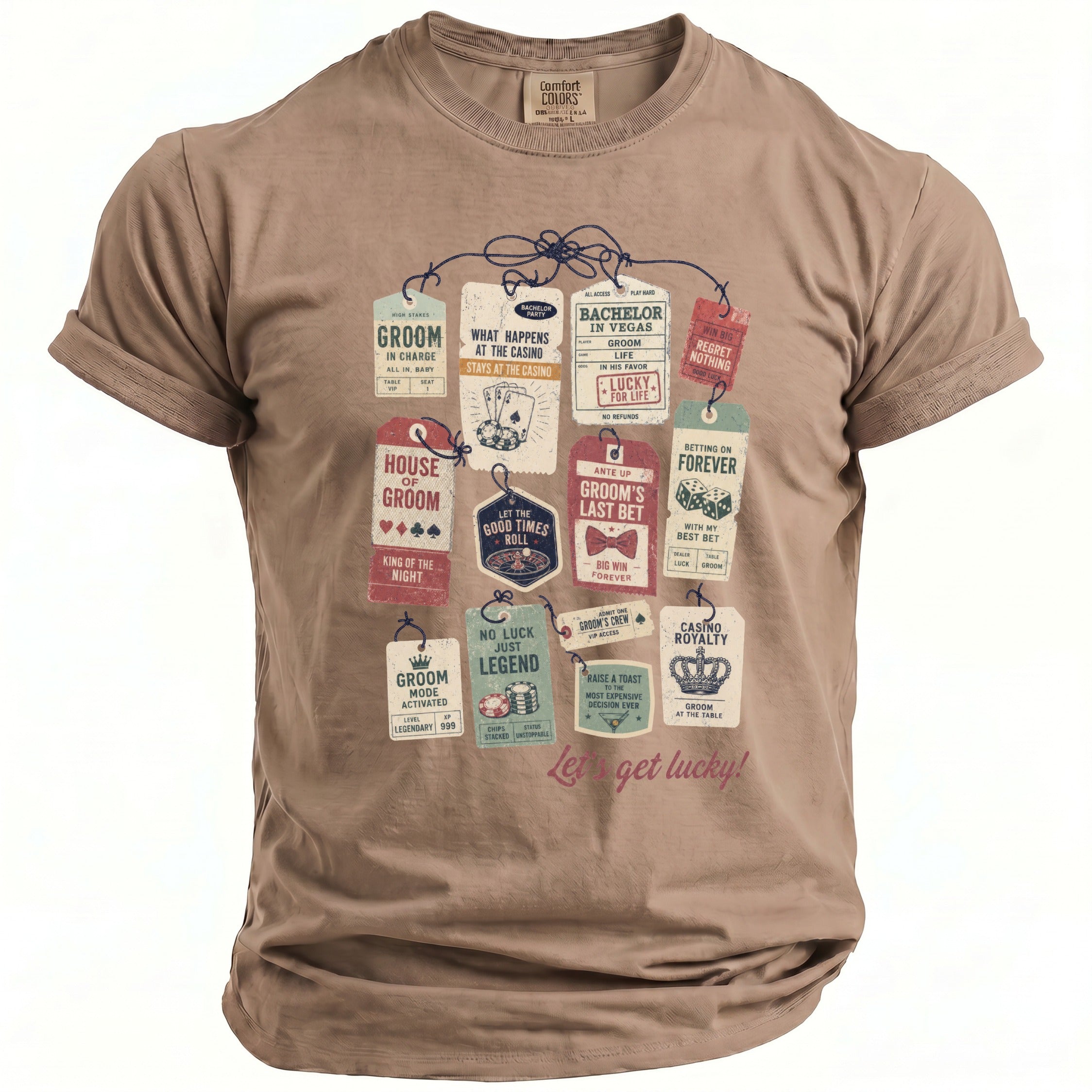 Brown t-shirt with tags graphic: "Groom in charge", "Bachelor in Vegas", "Casino Royalty".