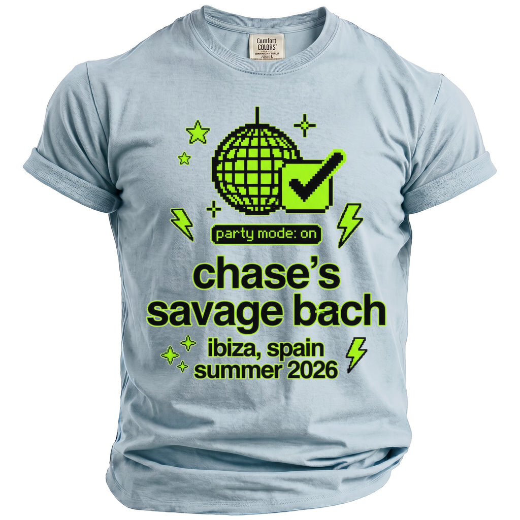 Light blue t-shirt with "party mode: on chase's savage bach ibiza, spain summer 2026" and graphics.