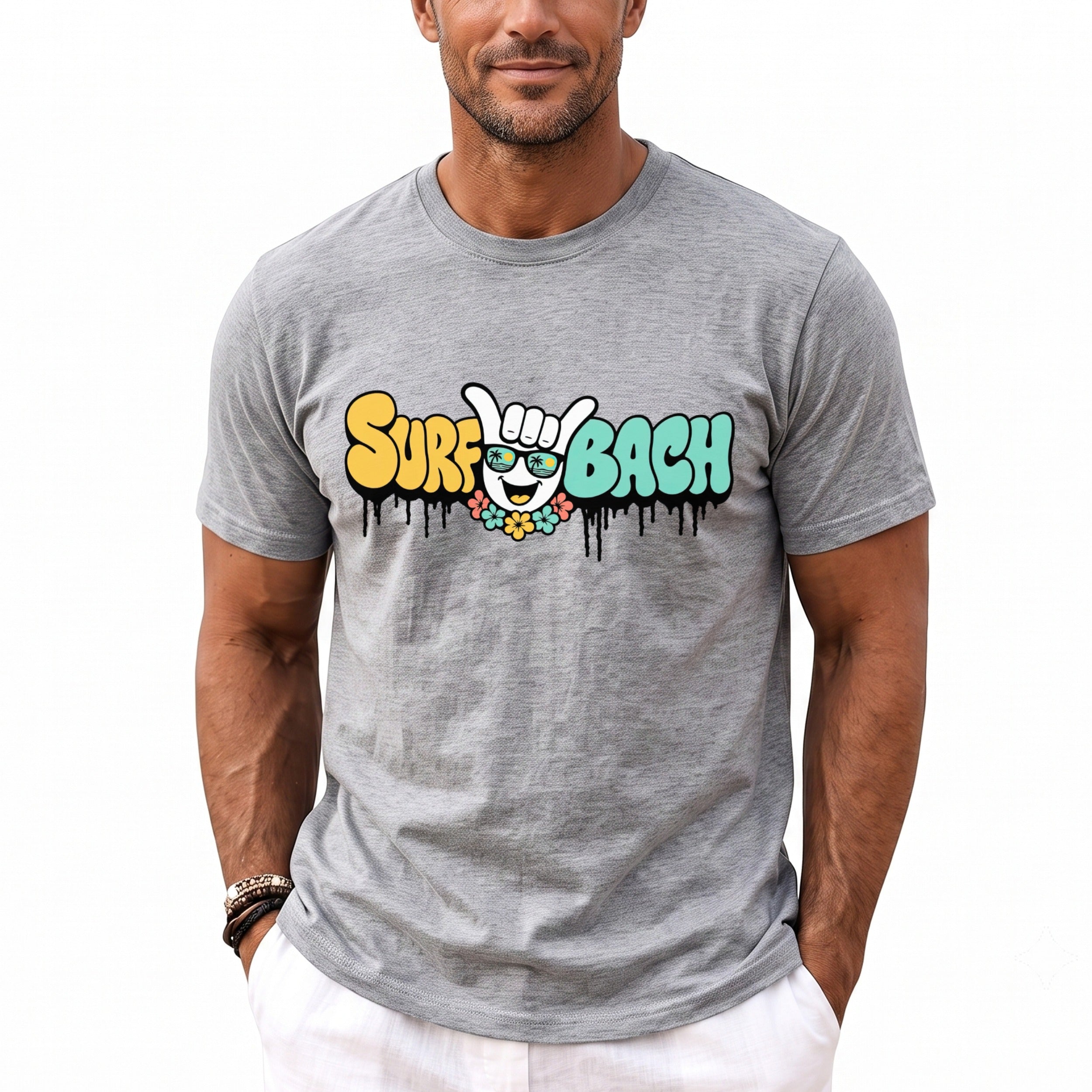 Gray t-shirt with colorful "SURF BACH" graphic featuring sunglasses and a shaka hand.