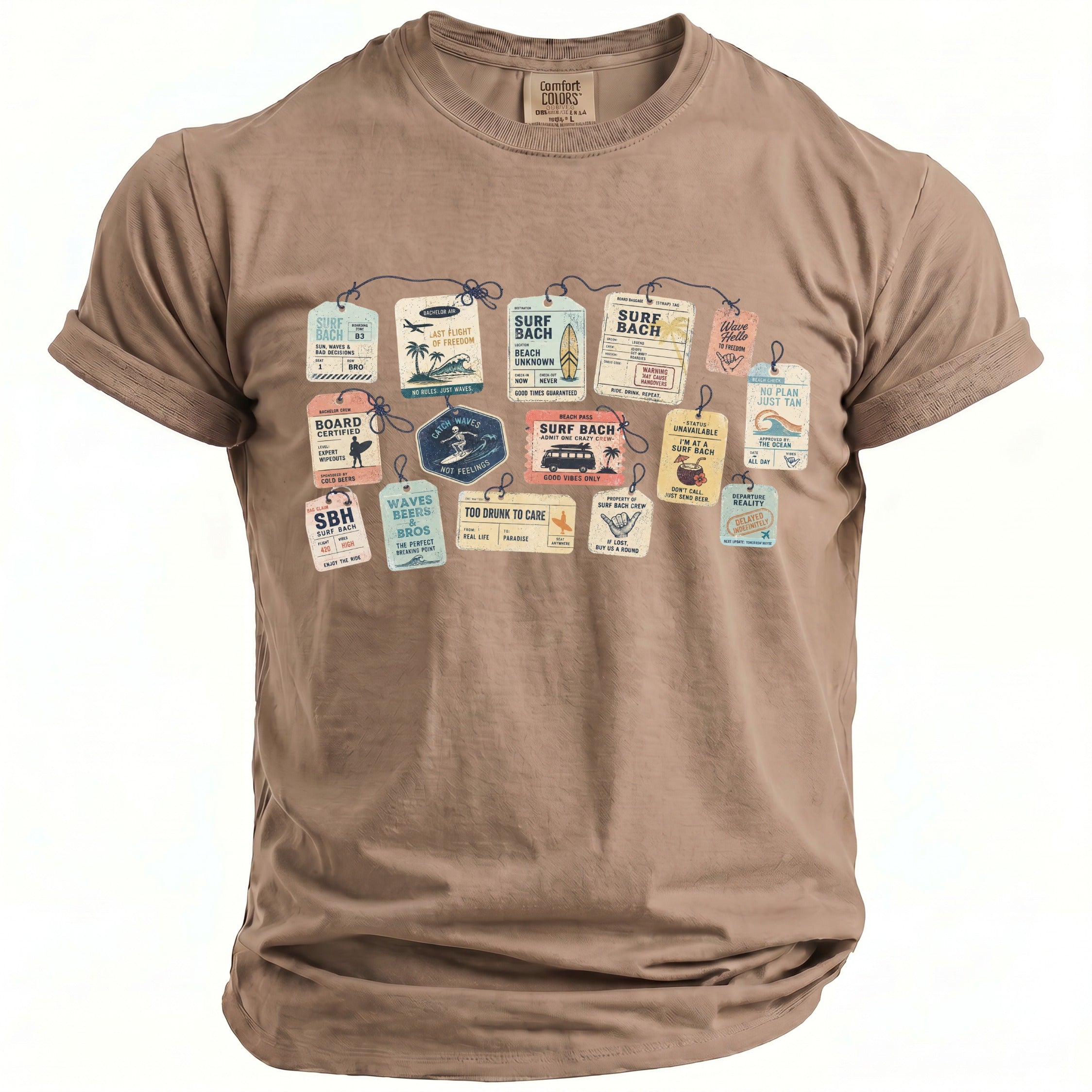 Brown t-shirt with graphic of various travel tags featuring surf and beach themes.