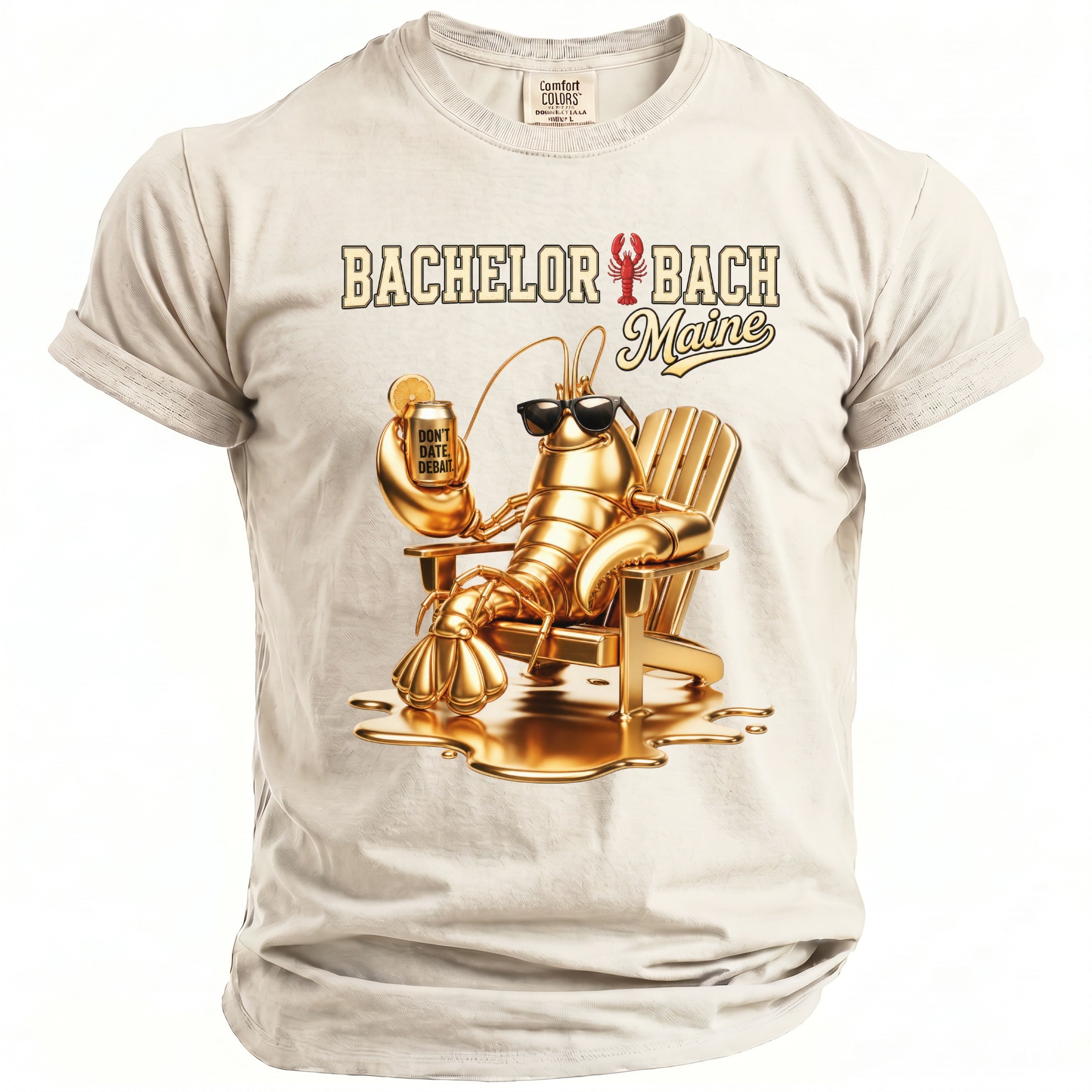 Lobster graphic on t-shirt with text "Bachelor Bach Maine Don't Date, Debait."