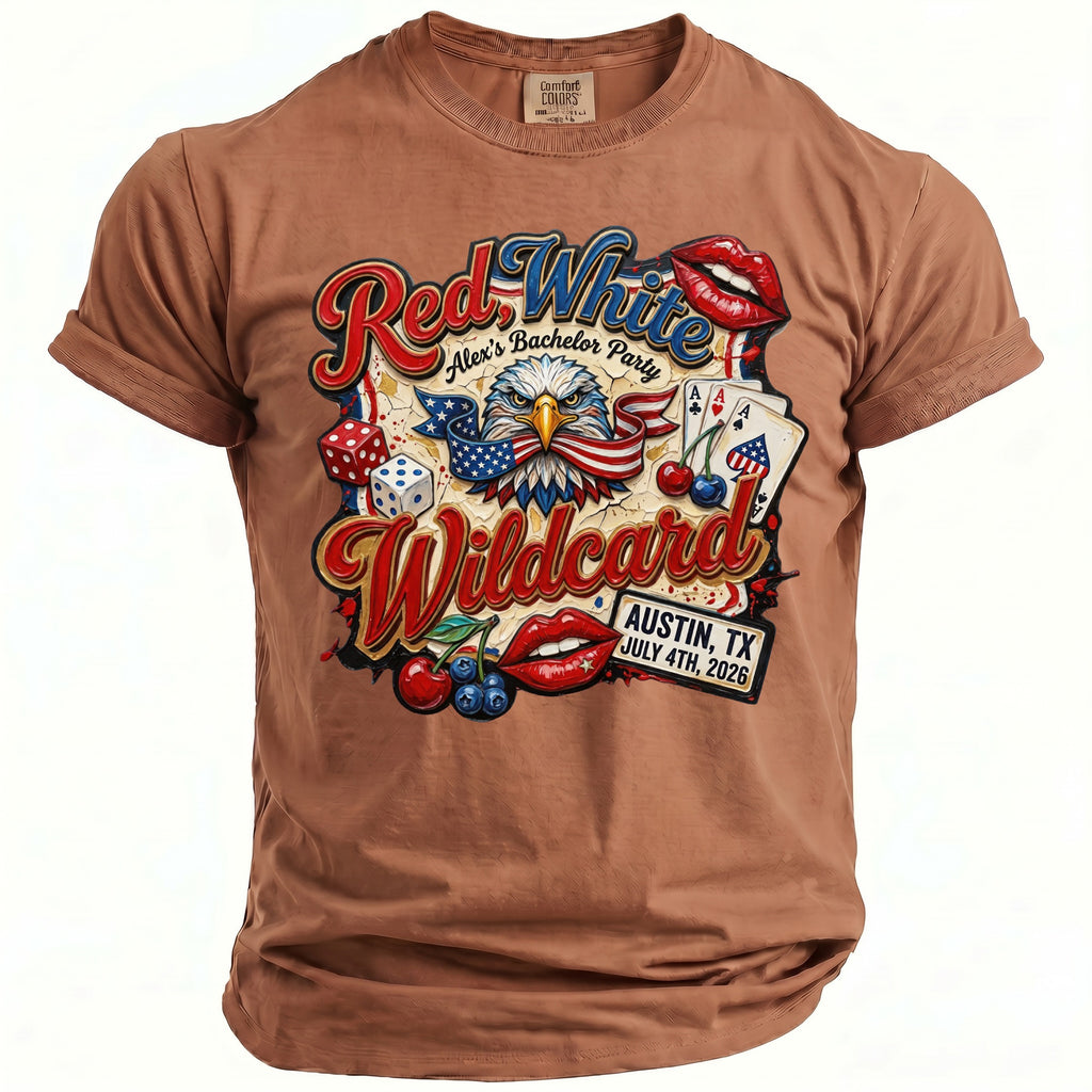 Brown t-shirt with "Red White" text, eagle, dice, cards, cherries, and lips graphic.