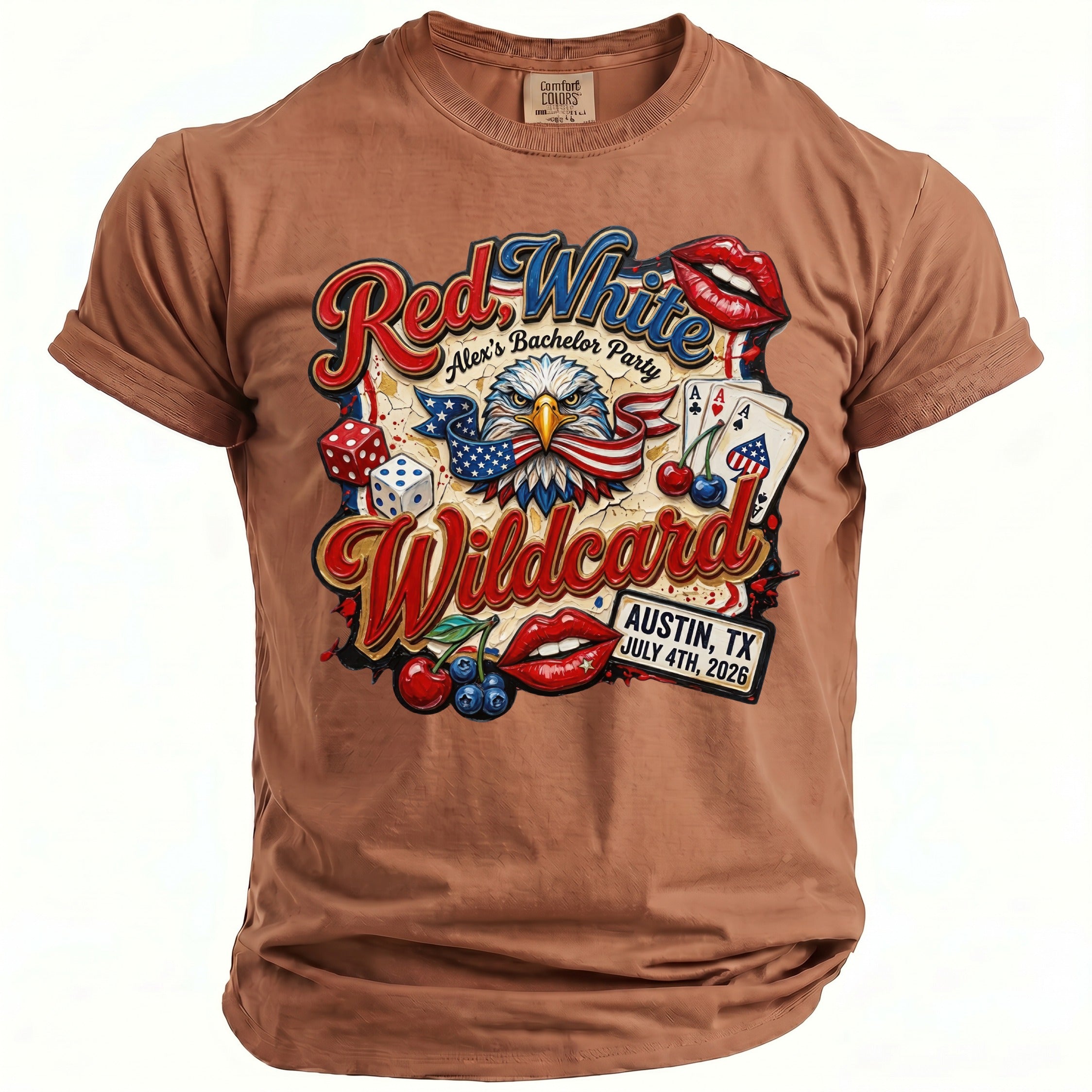 Brown t-shirt with "Red White" text, eagle, dice, cards, cherries, and lips graphic.