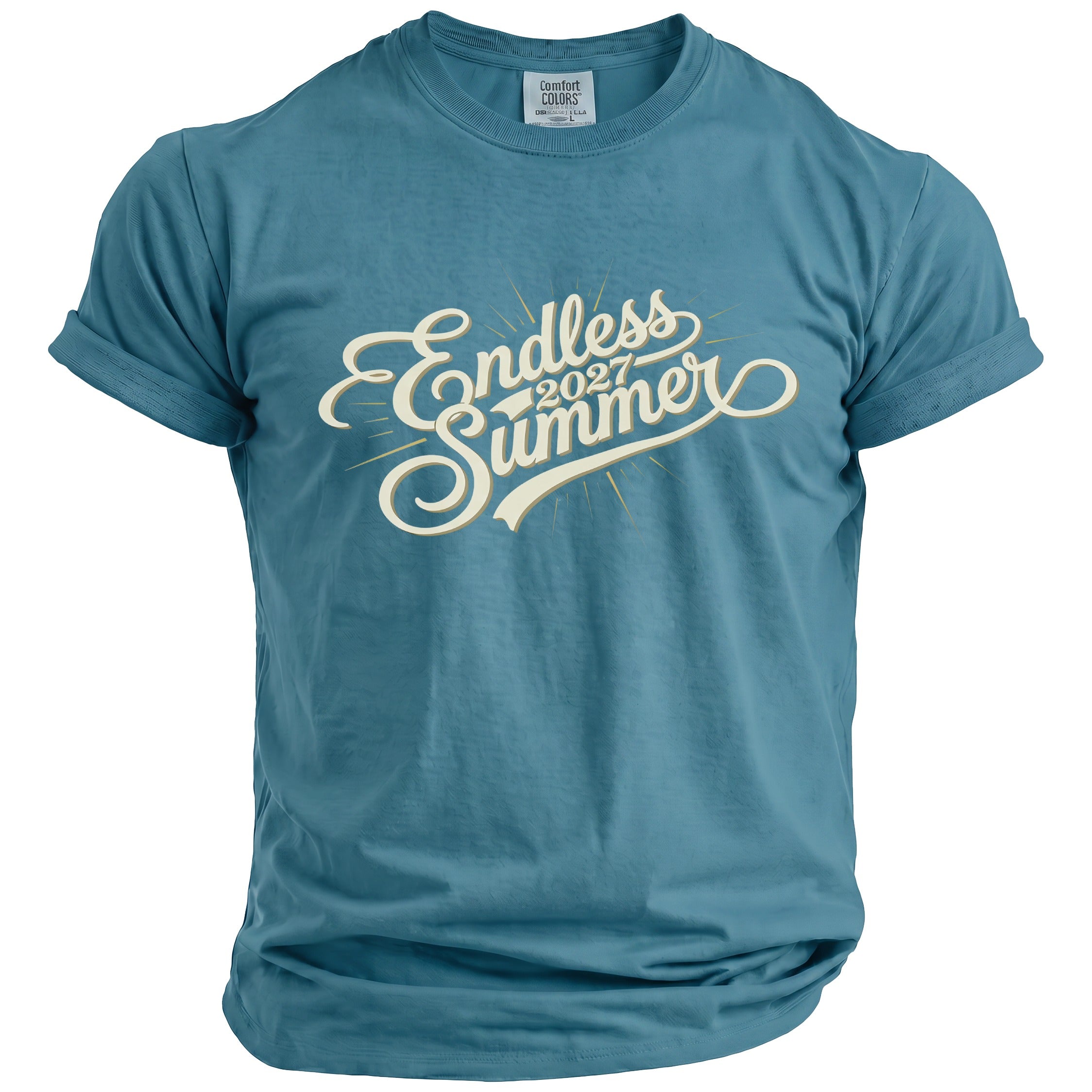 Teal t-shirt with "Endless Summer 2027" graphic and Comfort Colors tag.