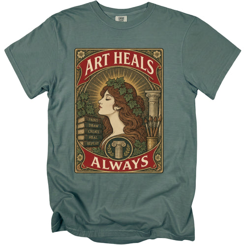 Art Heals Always graphic with woman, books, and paintbrushes.
