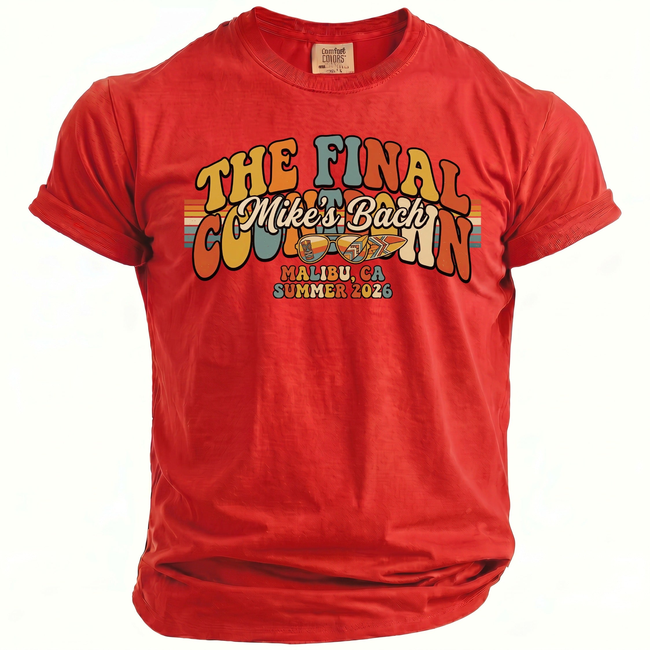 Red t-shirt with "The Final Countdown Mike's Bach" graphic.