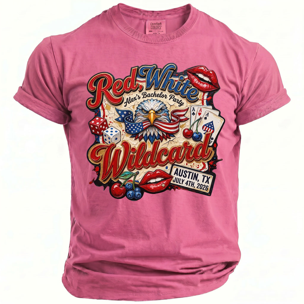 Pink t-shirt with "Red White Wildcard Alex's Bachelor Party" graphic.