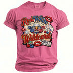 Pink t-shirt with "Red White Wildcard Alex's Bachelor Party" graphic.
