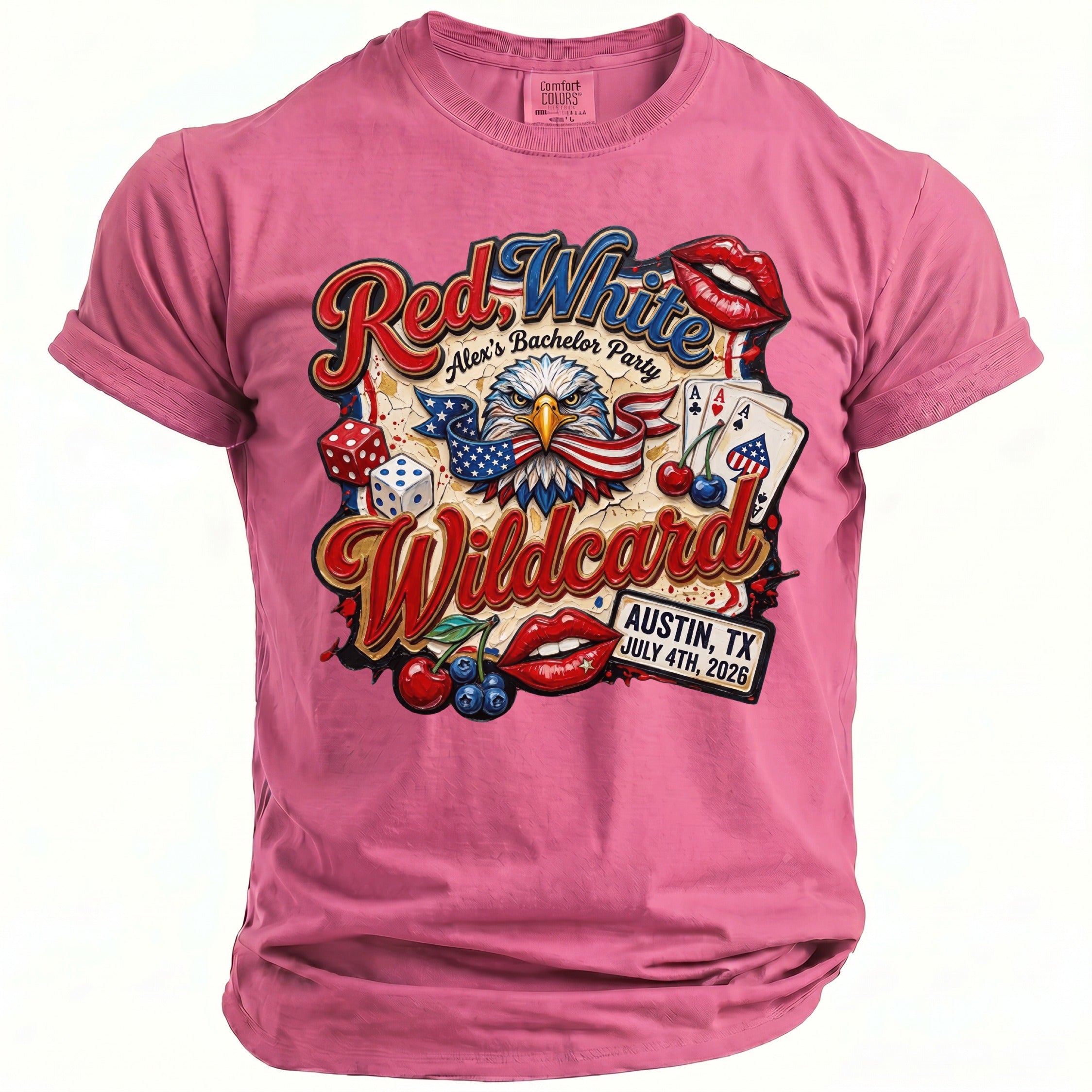 Pink t-shirt with "Red White Wildcard Alex's Bachelor Party" graphic.