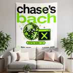 Chase's Bach poster with pixelated disco ball and X graphic, Ibiza Spain summer 2026.