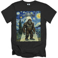 Bigfoot stands in a UFO beam under a Starry Night sky.