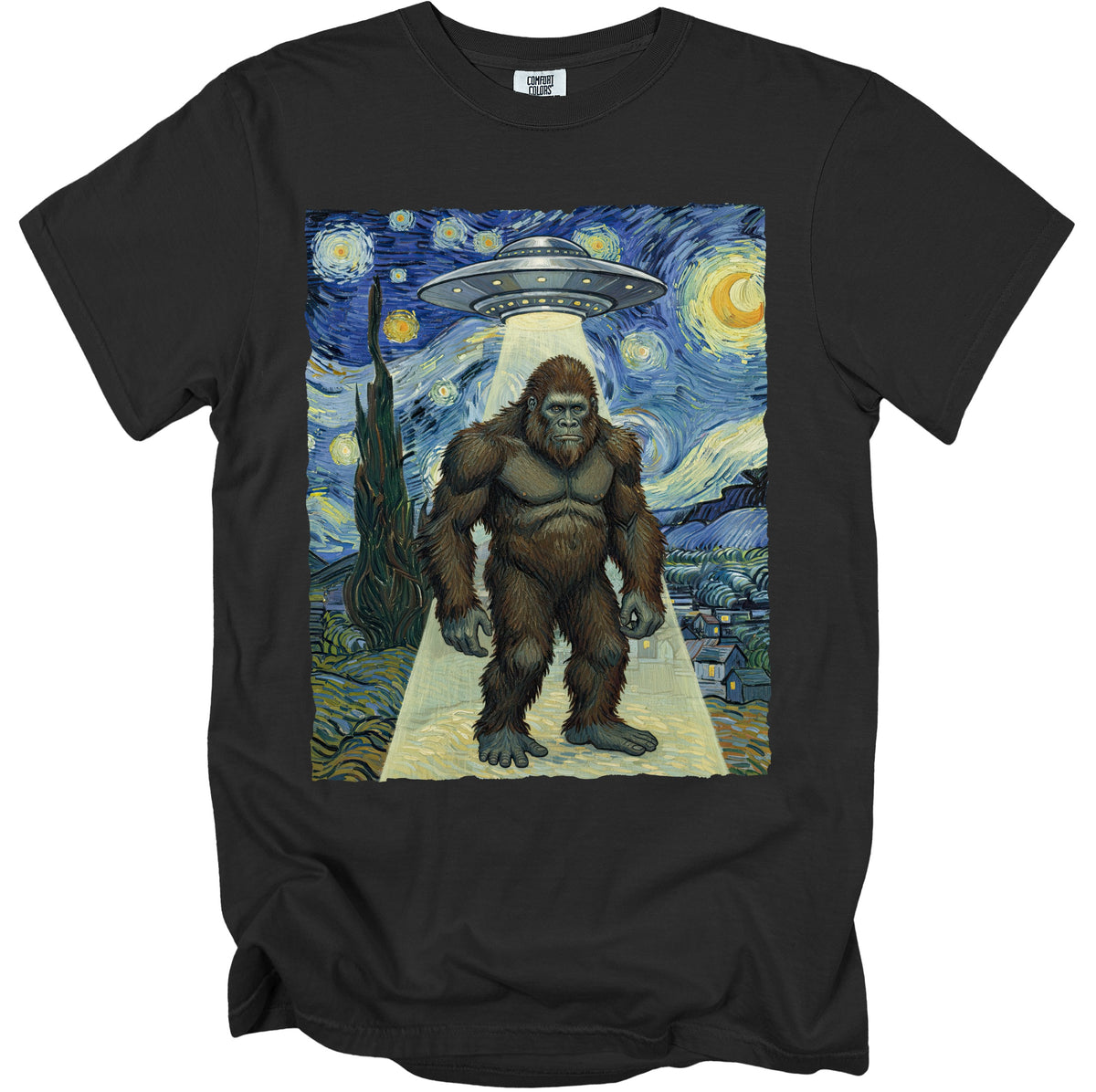 Bigfoot stands in a UFO beam under a Starry Night sky.