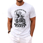 Graphic tee with dragon on motorcycle and text "Last Ride Before The Ring Bachelor Party".