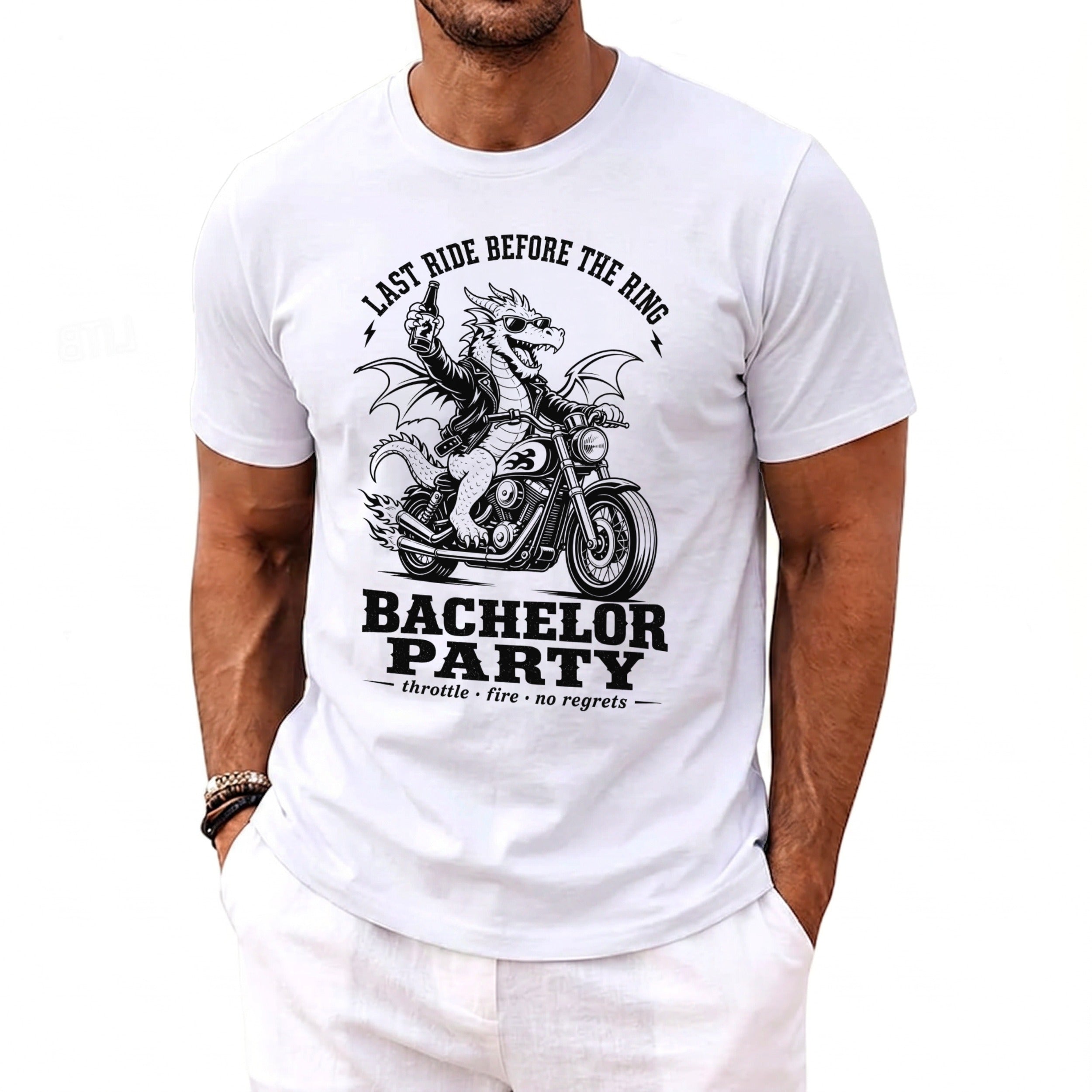 Graphic tee with dragon on motorcycle and text "Last Ride Before The Ring Bachelor Party".