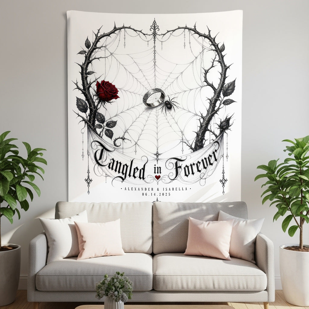 Tangled in Forever banner with a red rose, ring, and spider on a web above names and date.