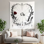 Tangled in Forever banner with a red rose, ring, and spider on a web above names and date.