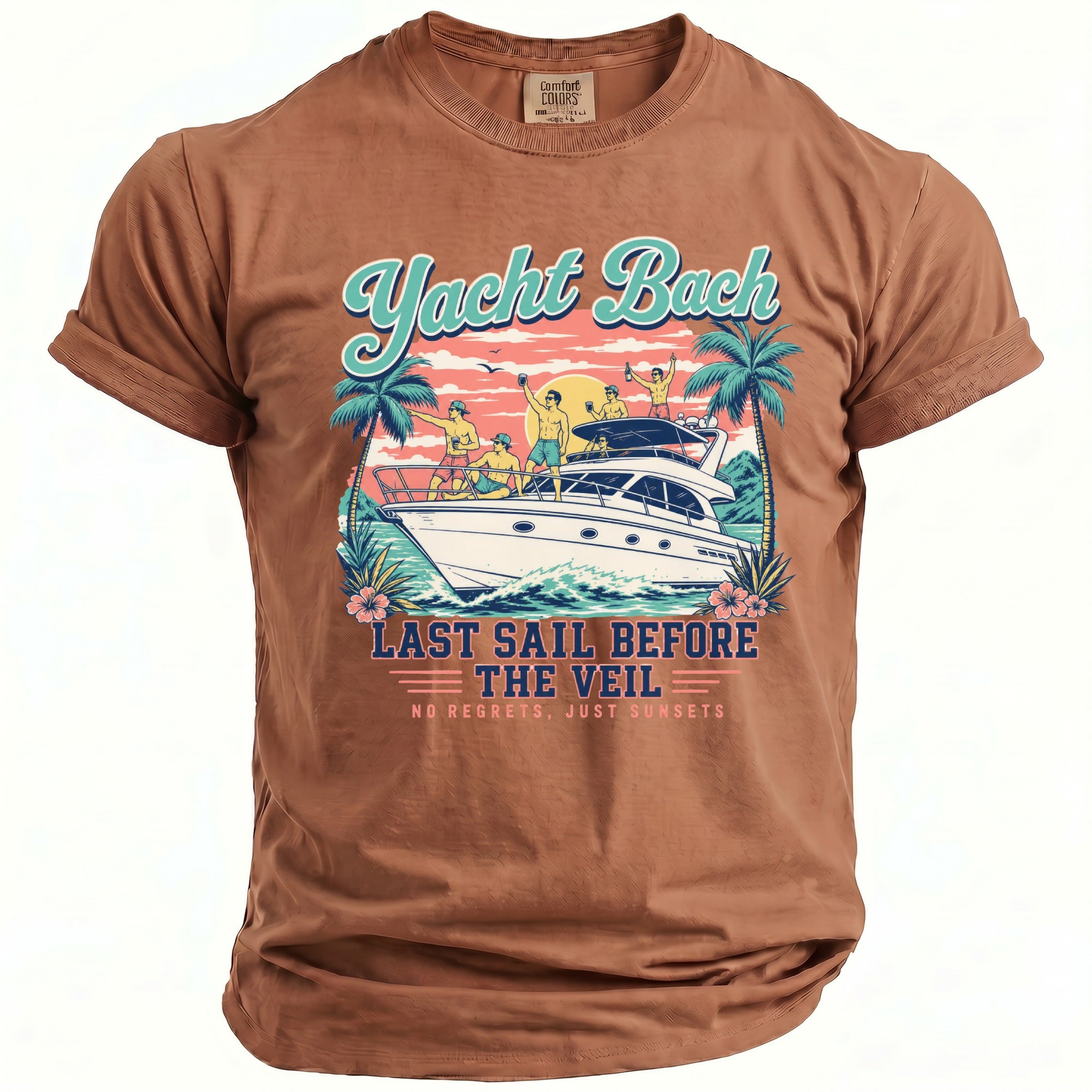 Brown crewneck t-shirt featuring a retro graphic of people on a yacht with the text Yacht Bach and Last Sail Before the Veil.