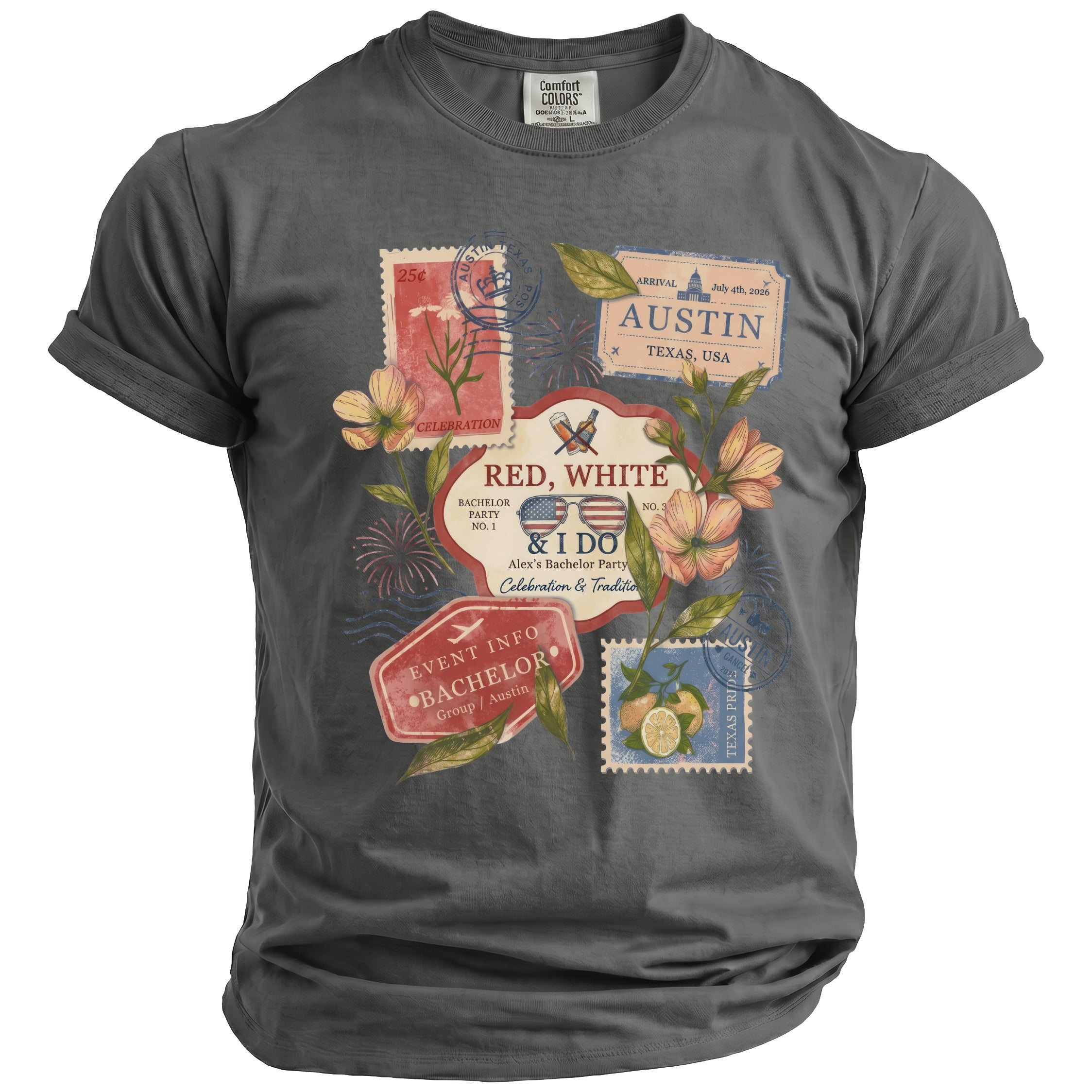 Grey t-shirt with "Red, White & I Do" design and Austin bachelor party details.
