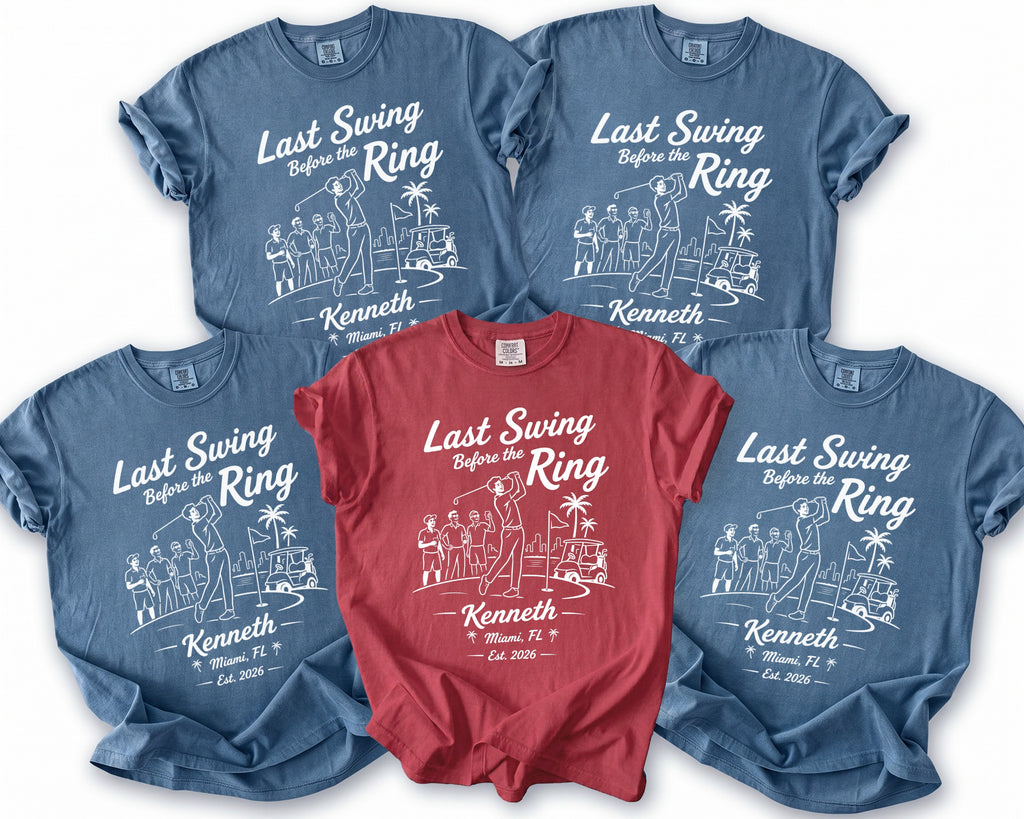 Four blue and one red t-shirts with "Last Swing Before the Ring" golf graphic.