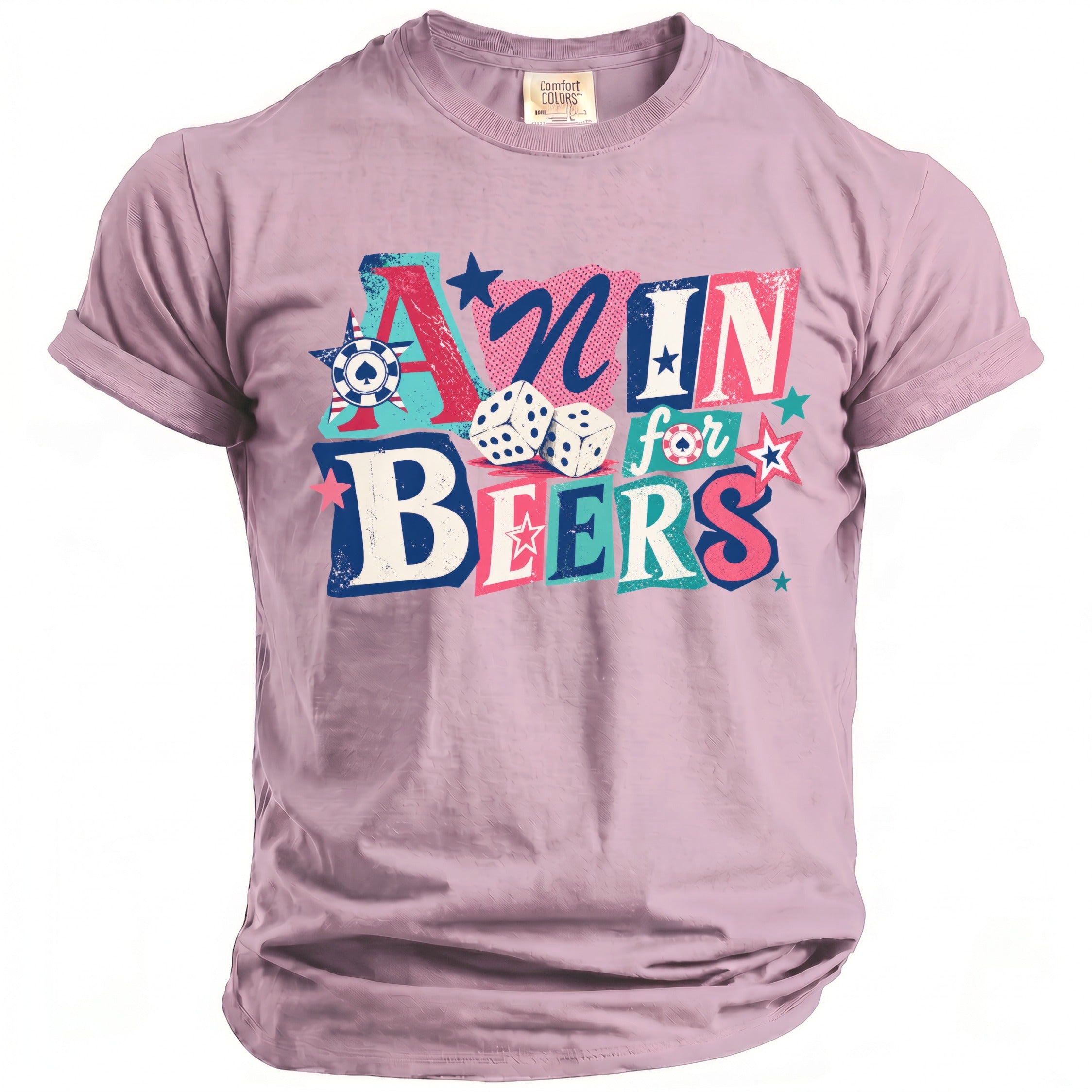 Pink t-shirt with "A.M. for Beers" graphic featuring dice and poker elements.
