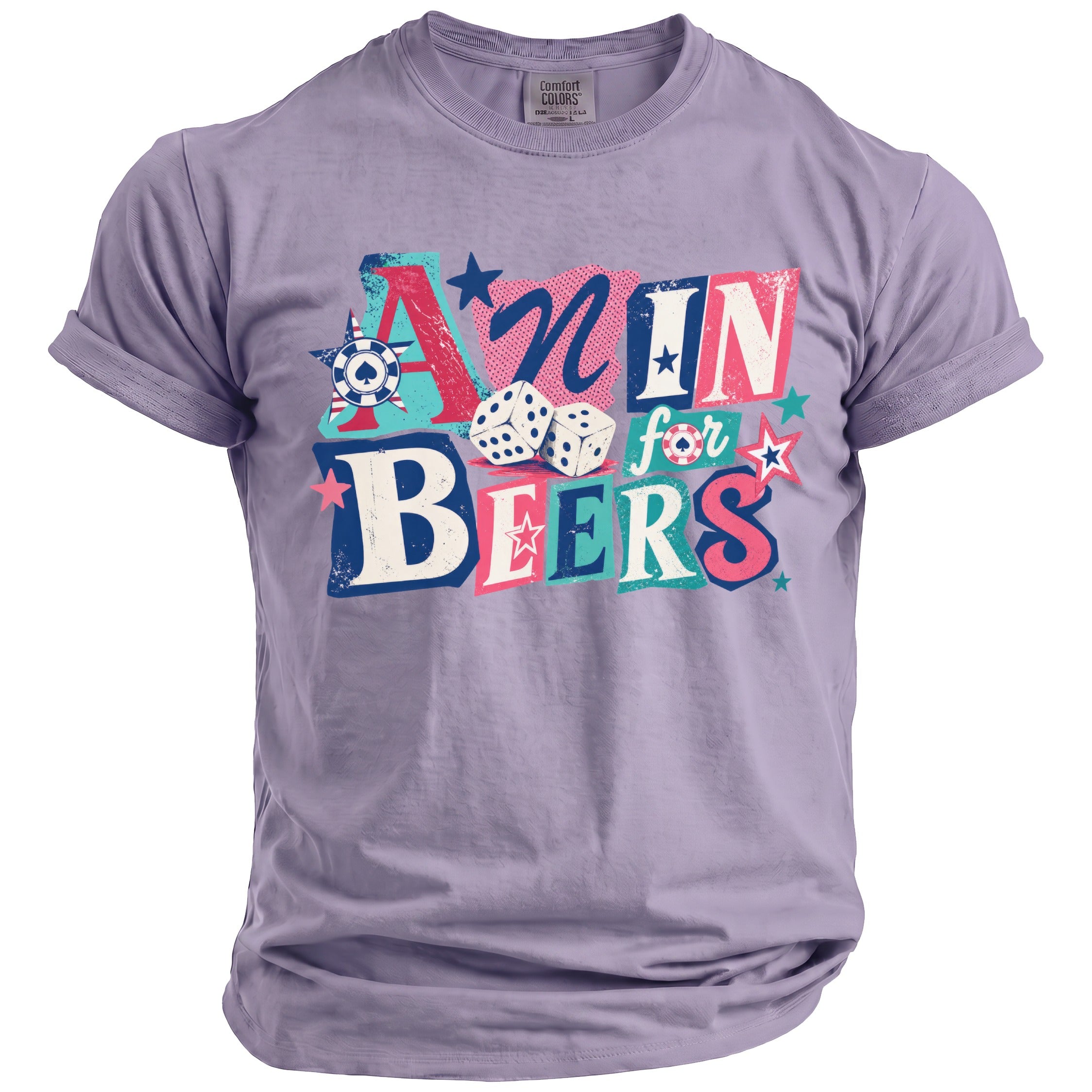 Purple t-shirt with "AIMIN for BEERS" text, dice, and stars graphic.
