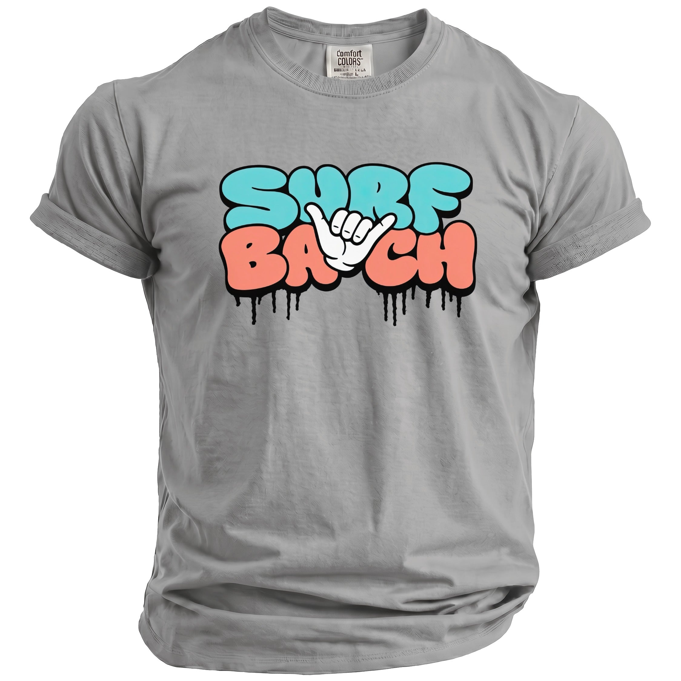 Grey t-shirt with "Surf Bach" graffiti-style text and shaka hand.
